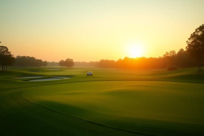 夕暮れの美しいゴルフコースを背景に、ゴルフの美学を語る創業者の姿