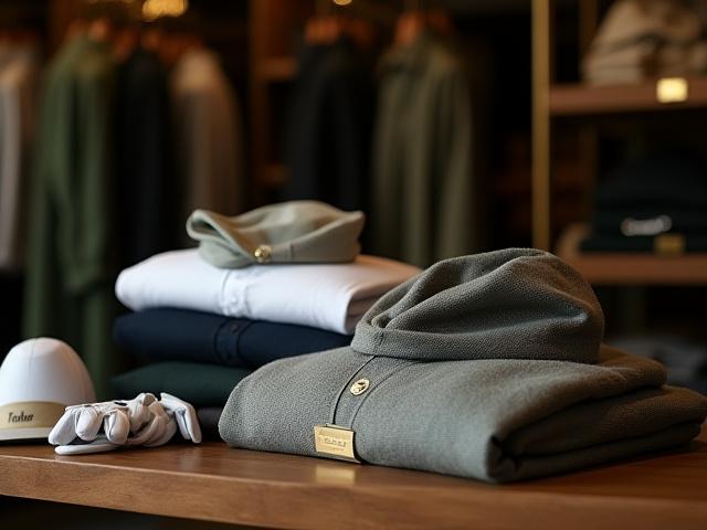 上質なゴルフウェアとアクセサリーが並べられたブティックのようなディスプレイ