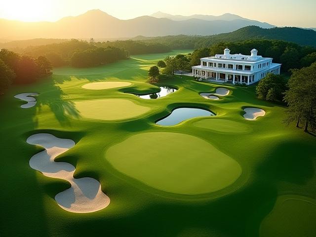 緑豊かなゴルフクラブのフェアウェイとクラブハウスの航空写真