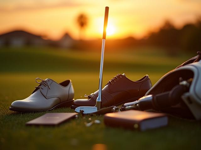 壮大なゴルフコースを背景にした高級トラベルバッグとゴルフ用品