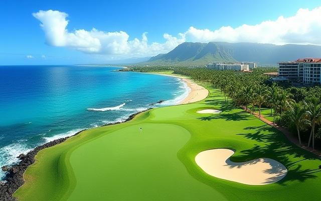 ハワイの青い海とリゾートゴルフコースの眺め